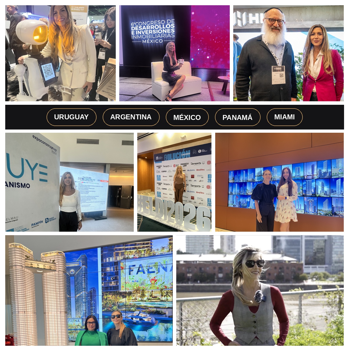 Collage de Ibeth Maisonnave en encuentros de Real Estate, inversión y comunicación estratégica