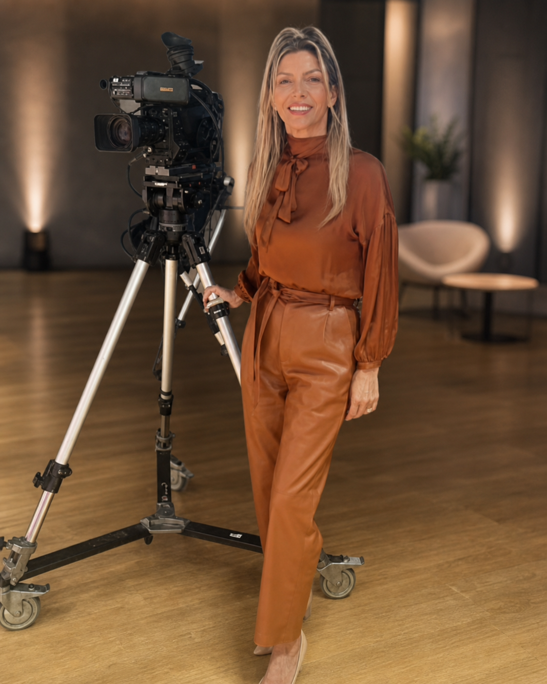 Ibeth Maisonnave en estudio de televisión junto a una cámara profesional